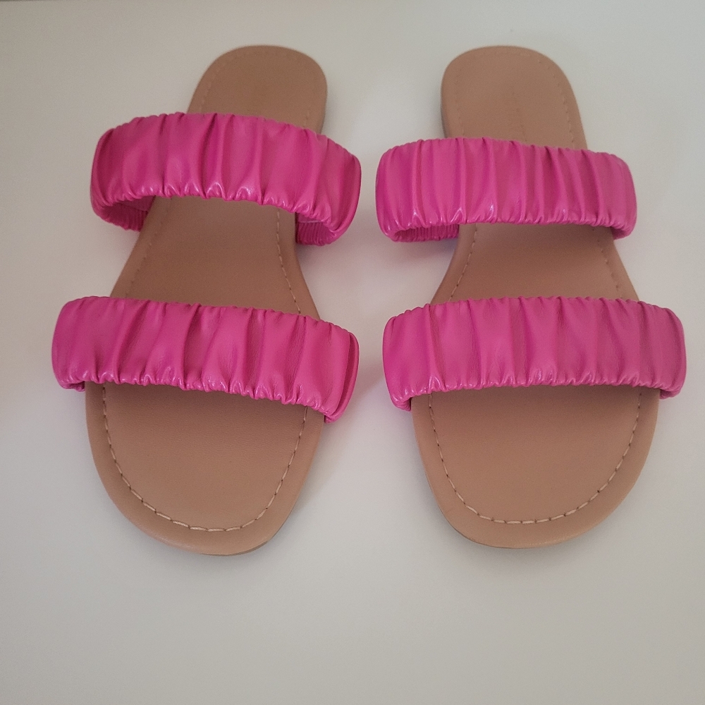 Size 7.5 two strap pink and tan sandals